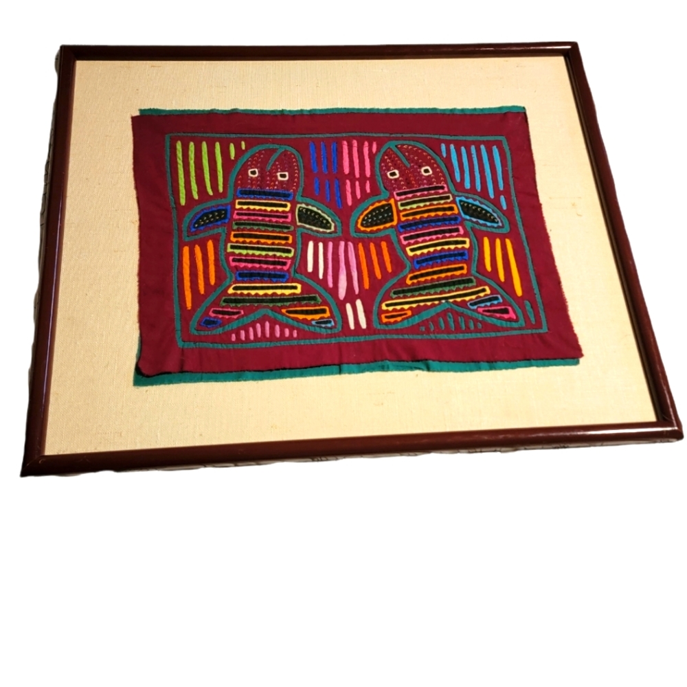 Handmade Vintage Mola embroidered art professionally matted 22 1/4"x18"